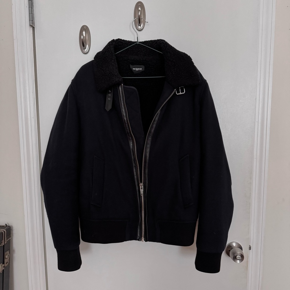 The Kooples Navy Wool Bomber Jacket with Shearling Collar